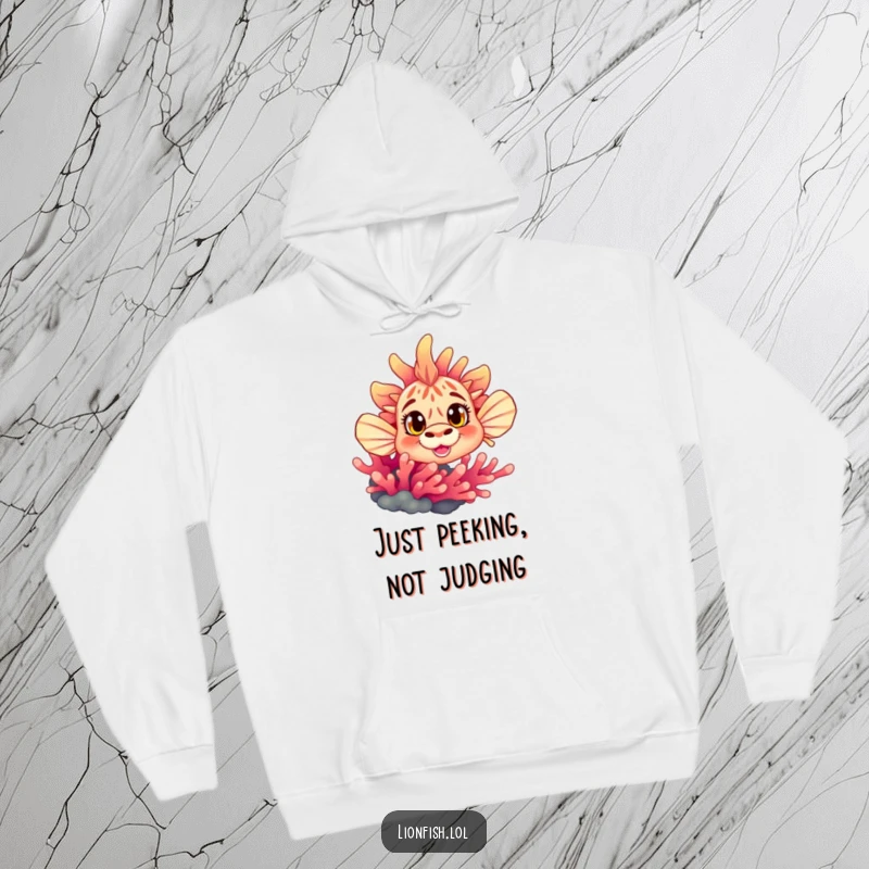 Funny curious lionfish hoodie, featuring wide eyes peeking from behind coral, offering cozy and humorous warmth with an underwater theme.