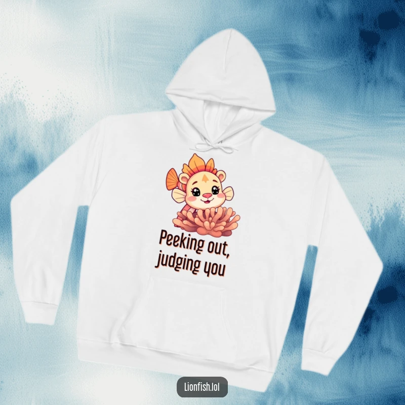 Funny lionfish hoodie design showcasing a curious lionfish peeking artfully from behind a textured coral formation underwater.