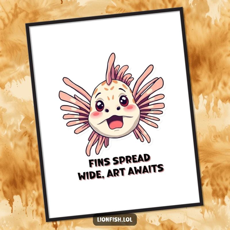 Funny Free Printable Wall Art: A startled lionfish caught mid-reaction, fins spread wide in a dramatic underwater pose.
