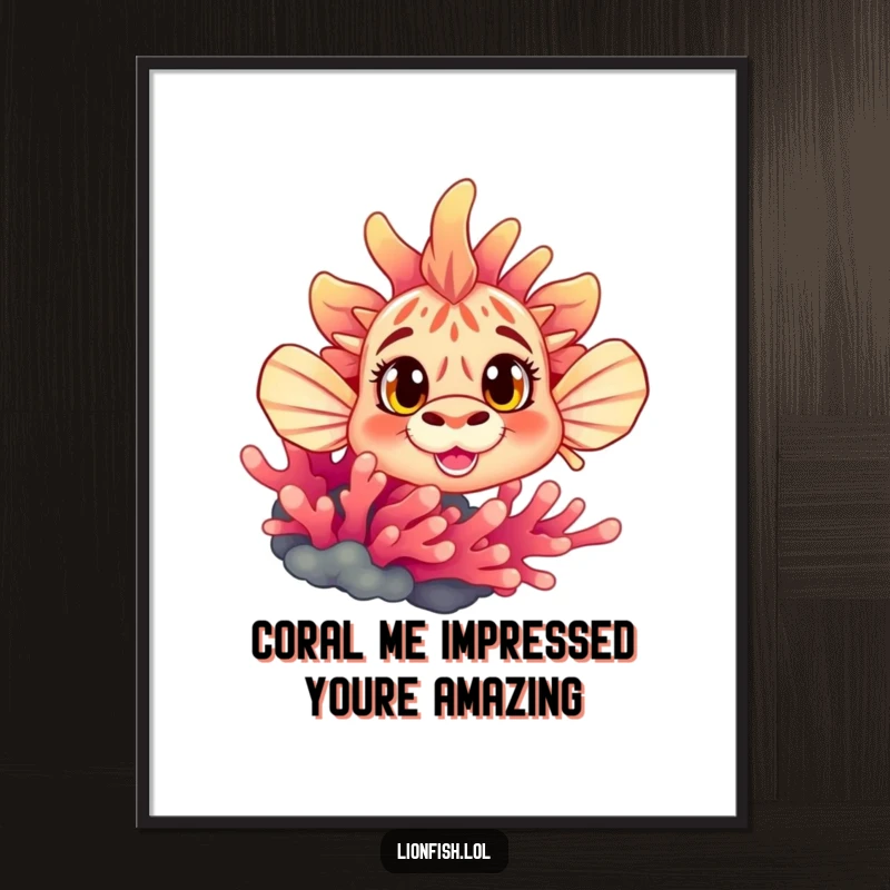 Funny Free Printable Wall Art: A cute lionfish with wide, curious eyes peeking from vibrant coral, adding whimsy.