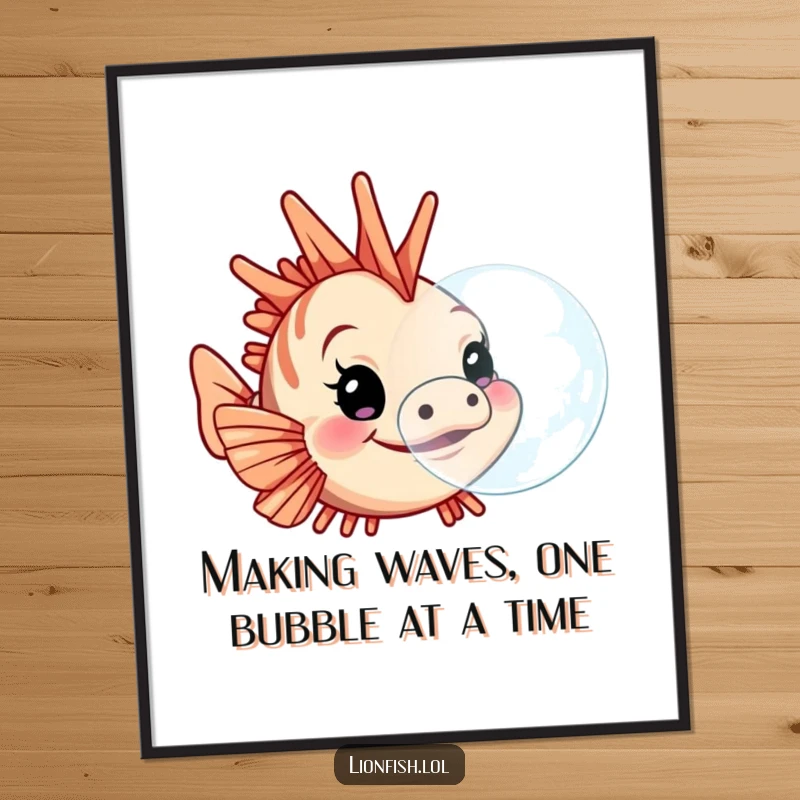 Funny Free Printable Wall Art: A playful lionfish with a determined face blowing a massive bubble, adds quirky charm.