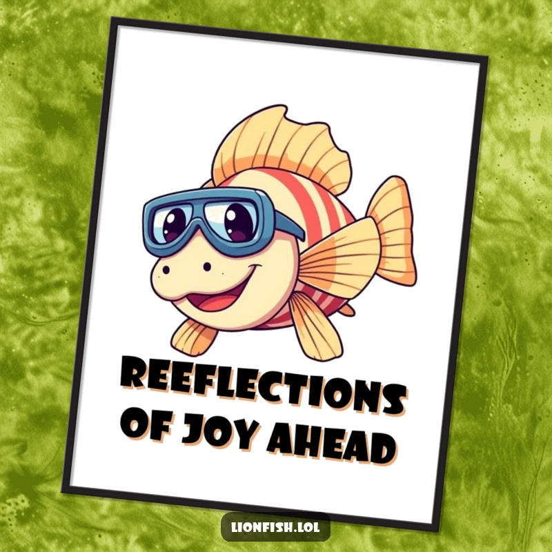 Funny Free Printable Wall Art: A giggling lionfish wearing tiny goggles dives with pure underwater joy and humor.