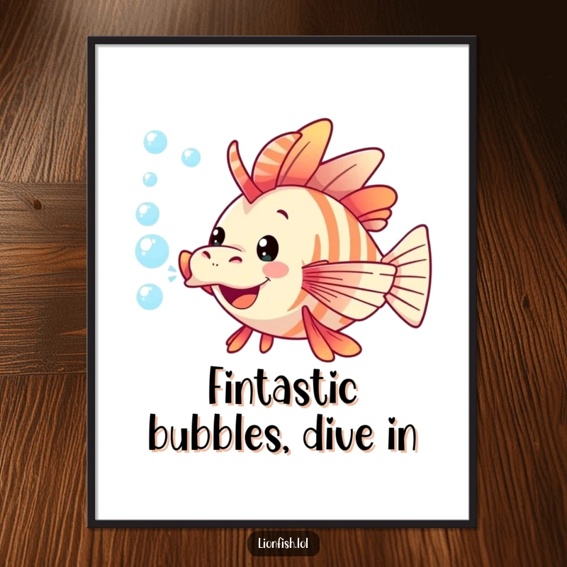 Funny Free Printable Wall Art: A whimsical lionfish gleefully blowing a cascade of bubbles in vibrant underwater colors.