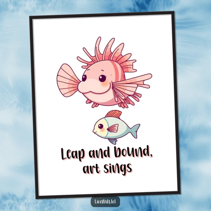 Funny Free Printable Wall Art: A happy lionfish in mid-air, leaping majestically over a tiny fish in a colorful ocean scene.