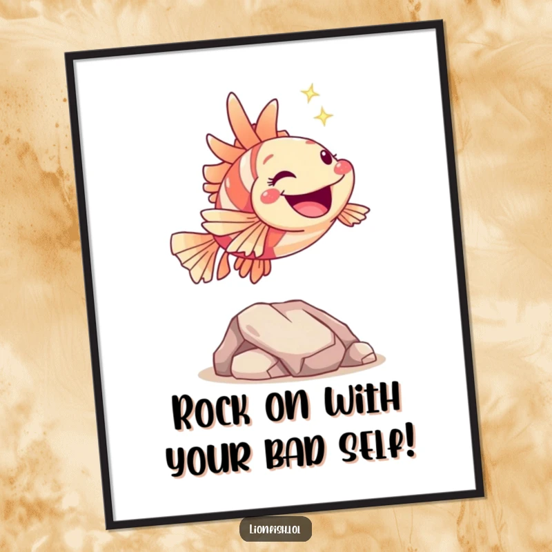 Funny Free Printable Wall Art: A hopping lionfish with a joyful sparkle leaping over a small rock, full of energy.