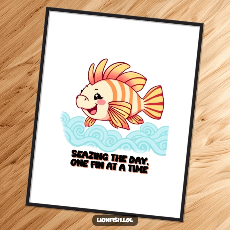 Funny free printable wall art of a joyful lionfish gently swaying its colorful fins in patterned waves, bringing underwater cheer.