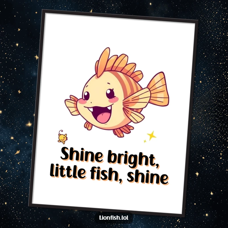 Funny free printable wall art of a cheerful lionfish excitedly chasing a tiny twinkling speck, creating a dynamic and humorous underwater scene.