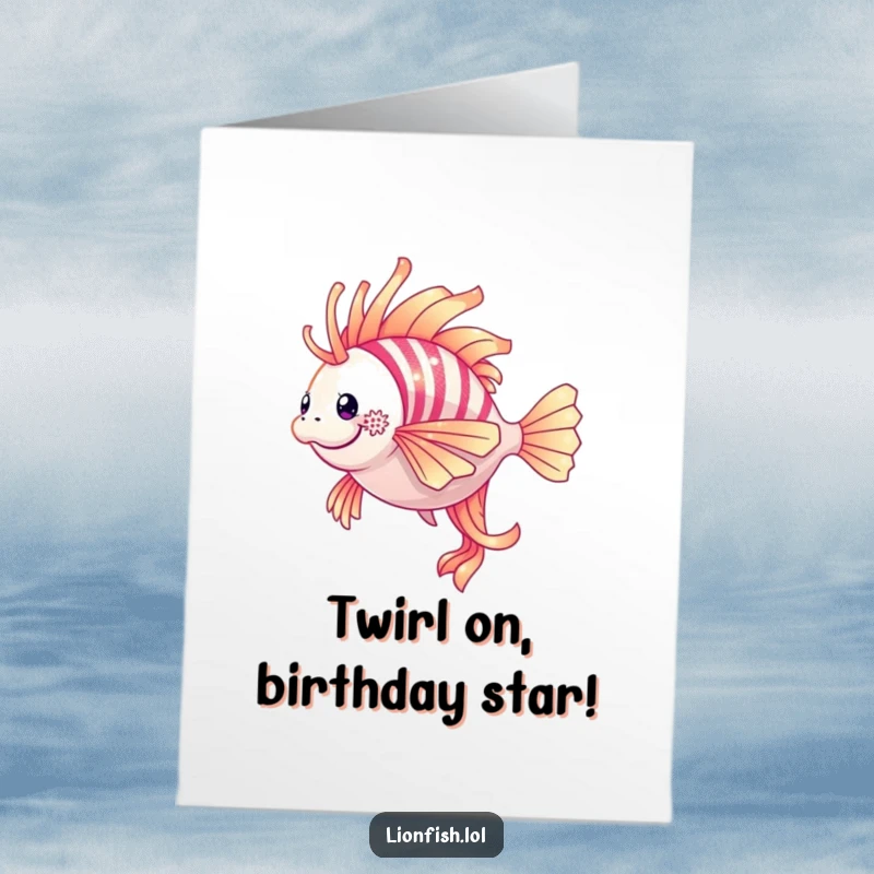 Funny Free Printable Birthday Card: A dazzling lionfish gracefully twirling underwater, radiating joy on a birthday.