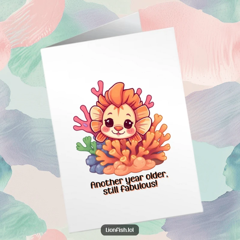 Funny free printable birthday card: a curious lionfish peeking from behind vibrant coral, ready to wish you a happy birthday.
