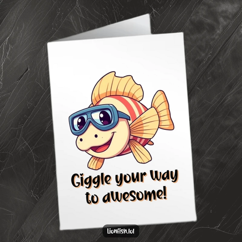 Funny Free Printable Birthday Card: A giggling lionfish with tiny goggles joyfully dives, ready to deliver birthday laughs.
