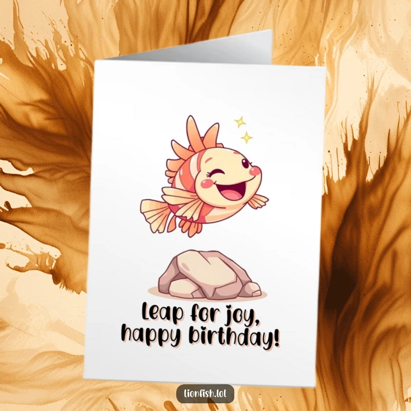 Funny Free Printable Birthday Card: A hopping lionfish with a joyful sparkle leaping over a rock.