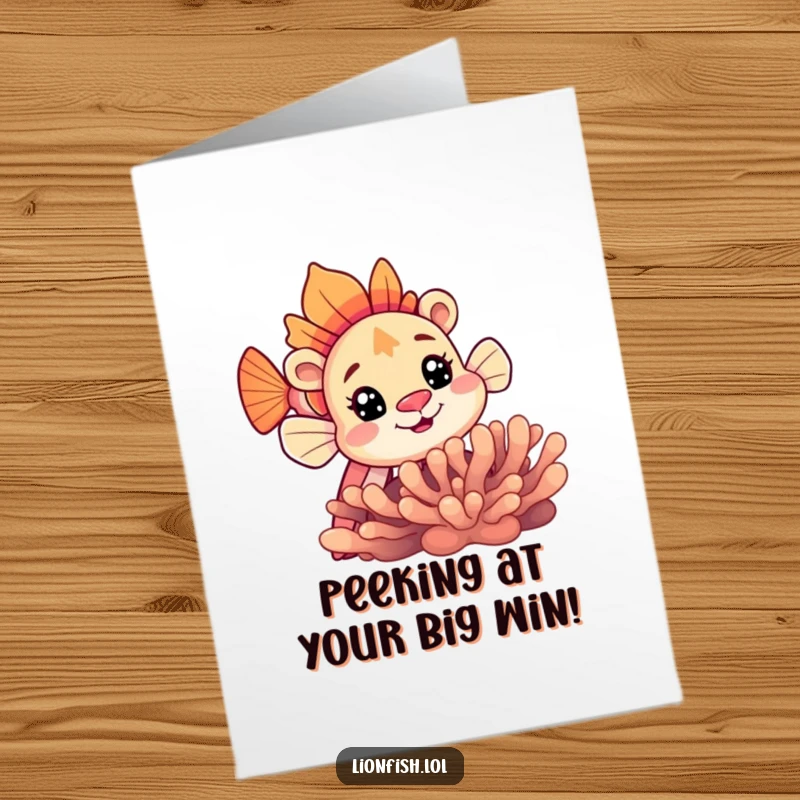 Funny Free Printable Congrats Card: An inquisitive lionfish cautiously peeking from behind vibrant coral, offering congratulations.
