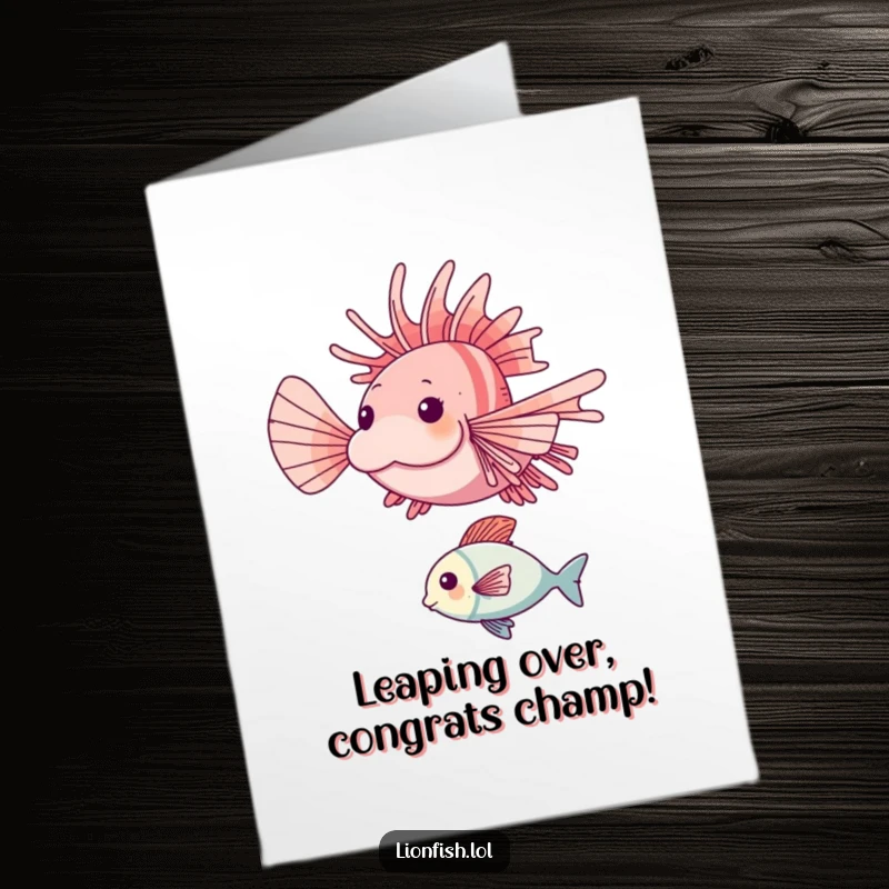 Funny Free Printable Congrats Card: A happy lionfish performing an impressive leap over a smaller fish to mark an achievement.