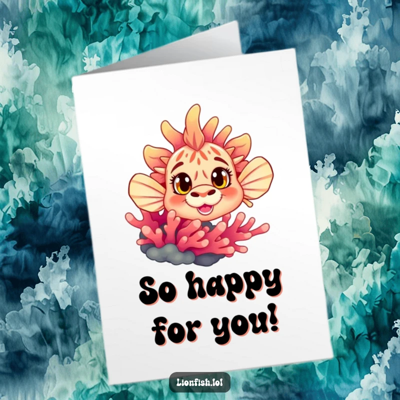 Funny Free Printable Congratulations Card: A curious lionfish with big eyes peeking from coral, sharing your excitement.