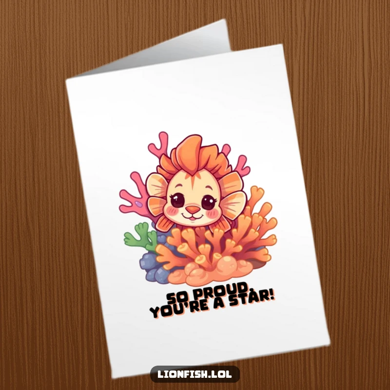 Funny free printable congratulations card featuring a curious lionfish peeking from behind vibrant coral, celebrating success with a playful surprise.