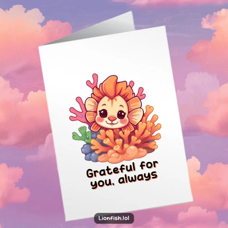Funny free printable thank you card: a curious lionfish peeking from behind vibrant coral, offering thanks with a playful glint.