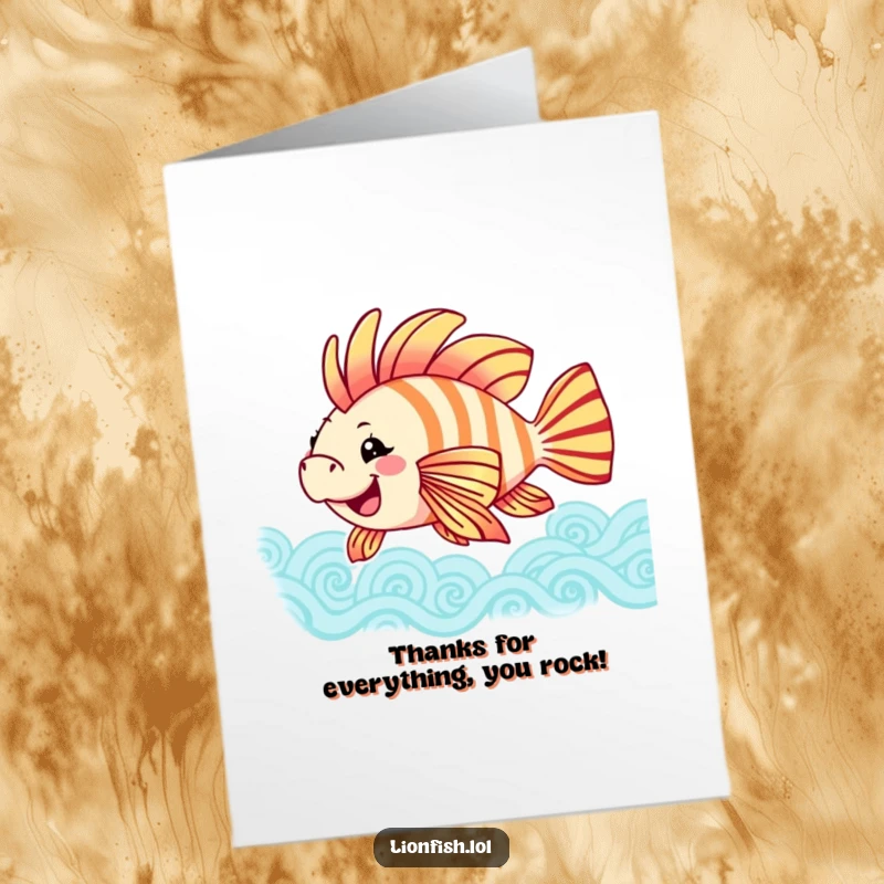 Funny free printable thank you card featuring a joyful lionfish gracefully swaying fins, expressing thanks with colorful underwater charm.