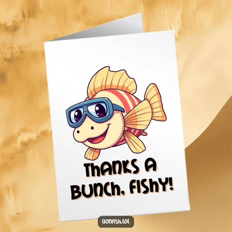 Funny Free Printable Thank You Card: A giggling lionfish with goggles prepares to land, sending thanks with a splash.