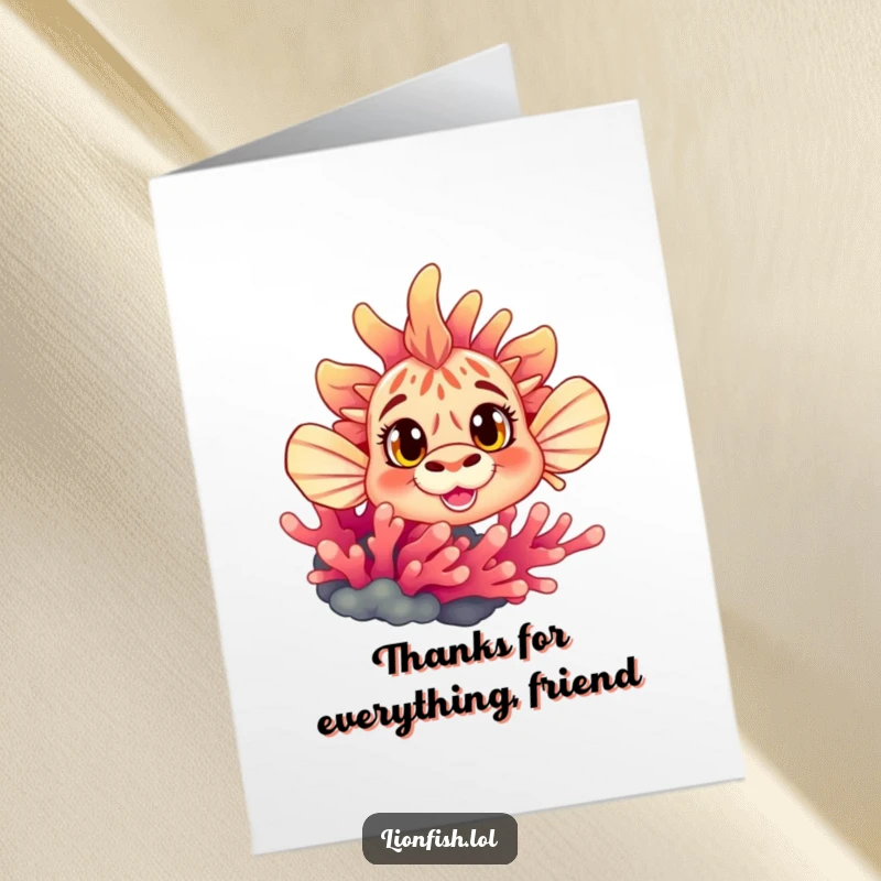 Funny Free Printable Thank You Card: A cute lionfish with curious eyes peeking from coral, offering thanks.