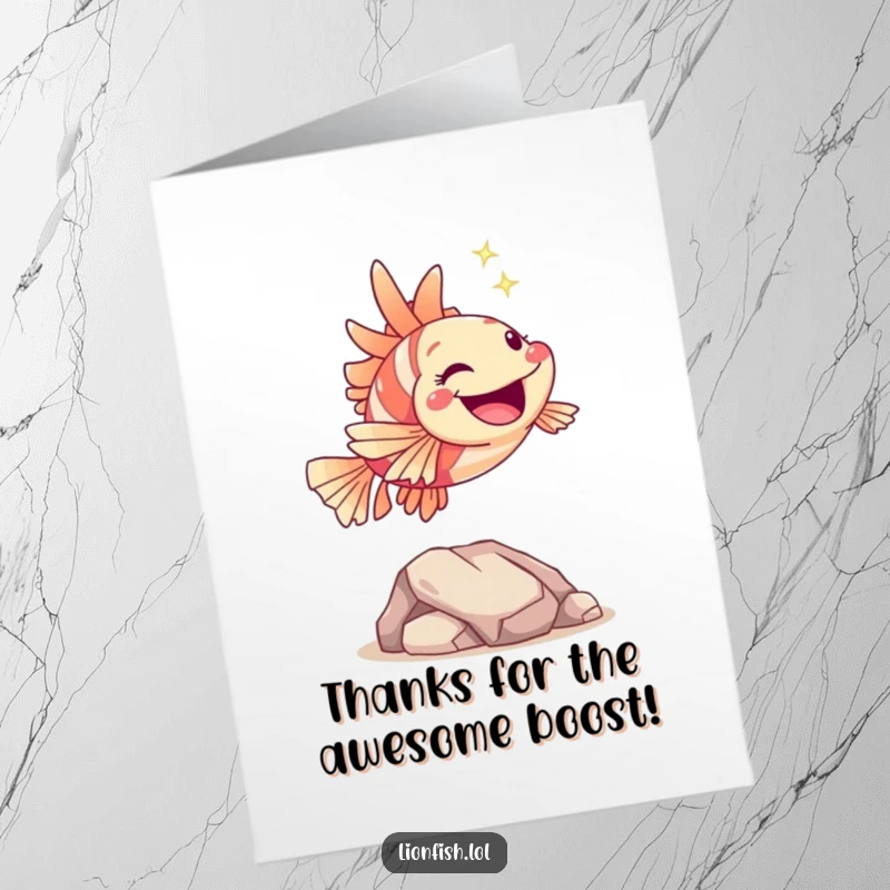 Funny Free Printable Thank You Card: A happy lionfish leaping over a rock, sending thanks with joy.
