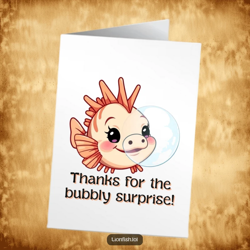 Funny Free Printable Thank You Card: A determined lionfish blowing a cheerful bubble to express gratitude.