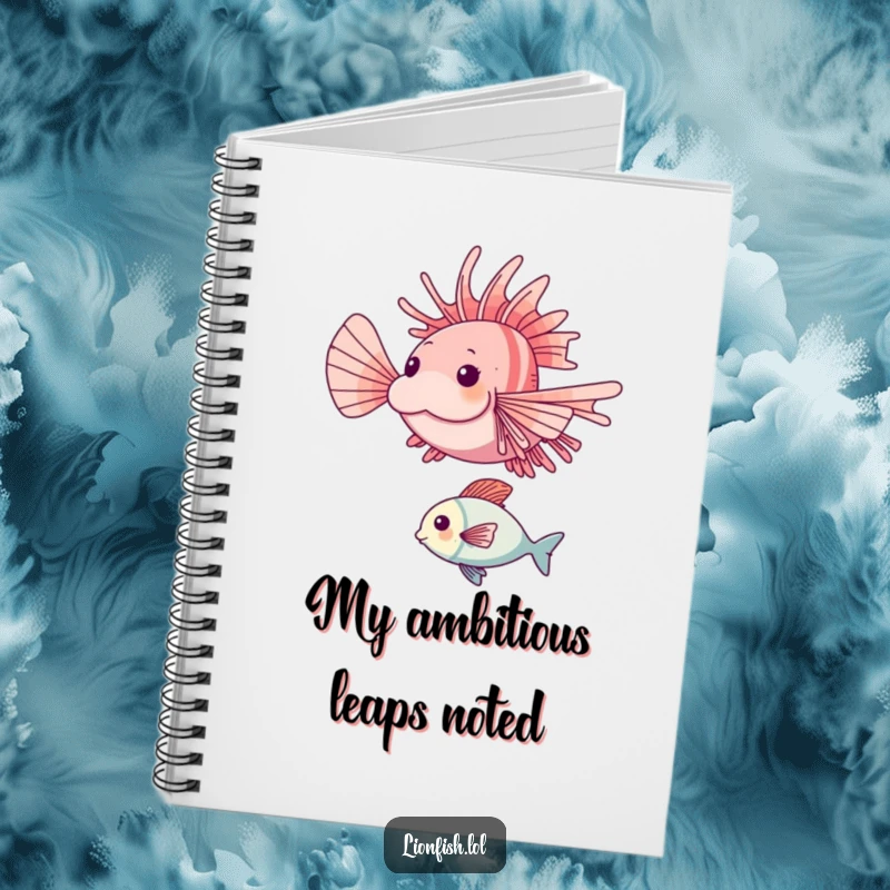 Funny lionfish notebook cover featuring a happy lionfish mid-leap over a smaller fish, perfect for energetic note-taking.
