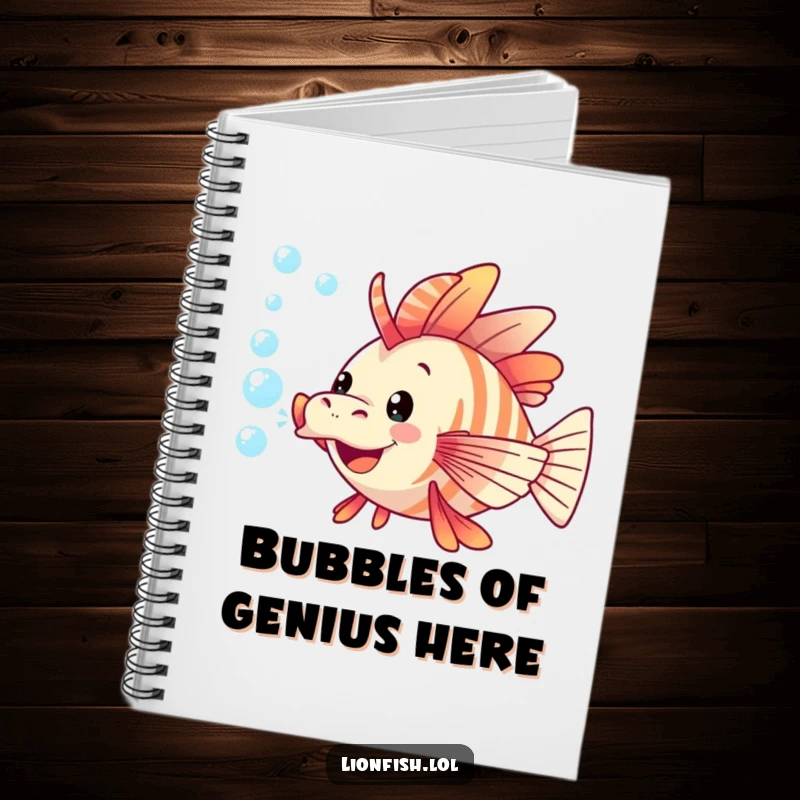 Funny lionfish notebook cover featuring a playful lionfish gleefully blowing a trail of bubbles, perfect for note-taking.
