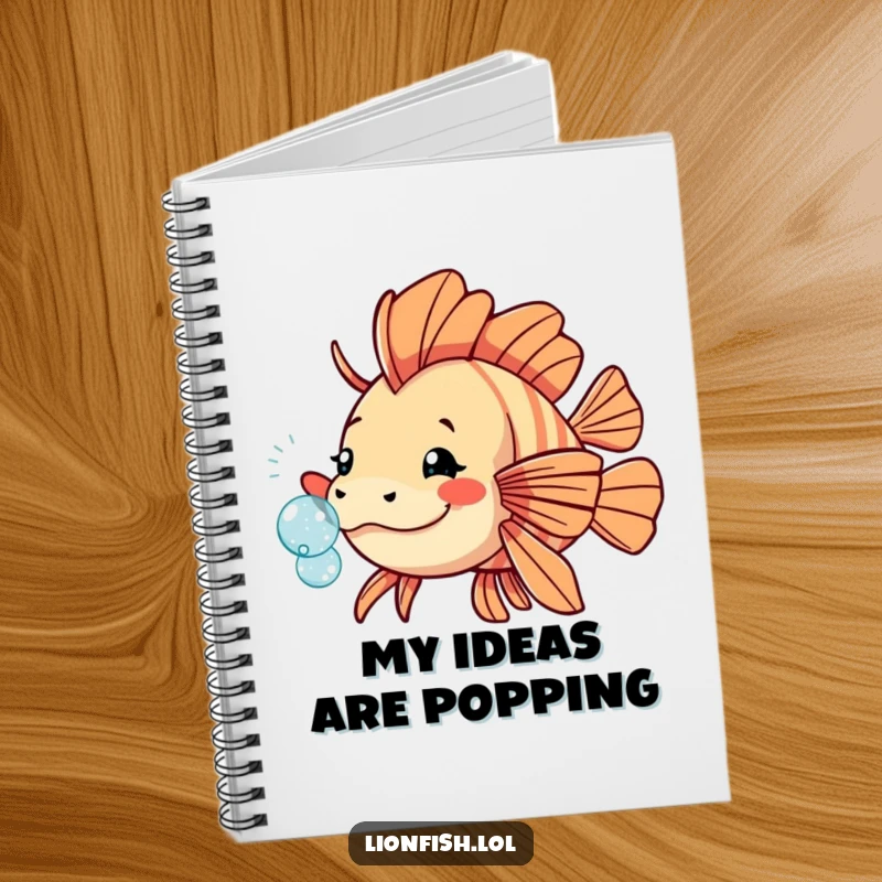 Funny playful lionfish notebook with a fish nudging a sparkling bubble, perfect for jotting down fun ideas with cheer.