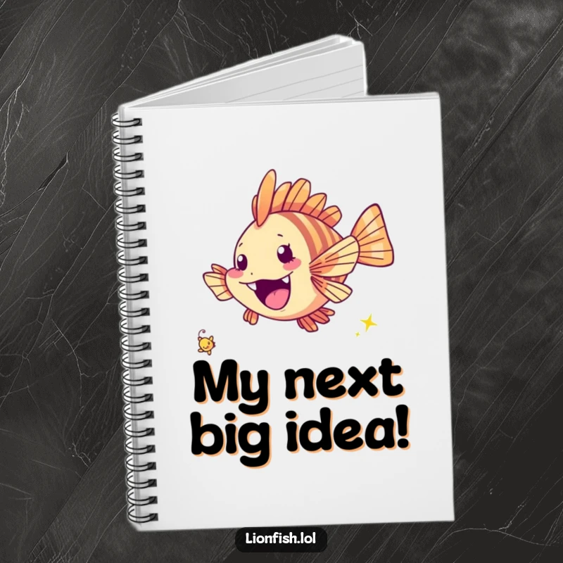 Funny cheerful lionfish notebook with a fish excitedly chasing a tiny twinkling speck, perfect for jotting down inspiring ideas.