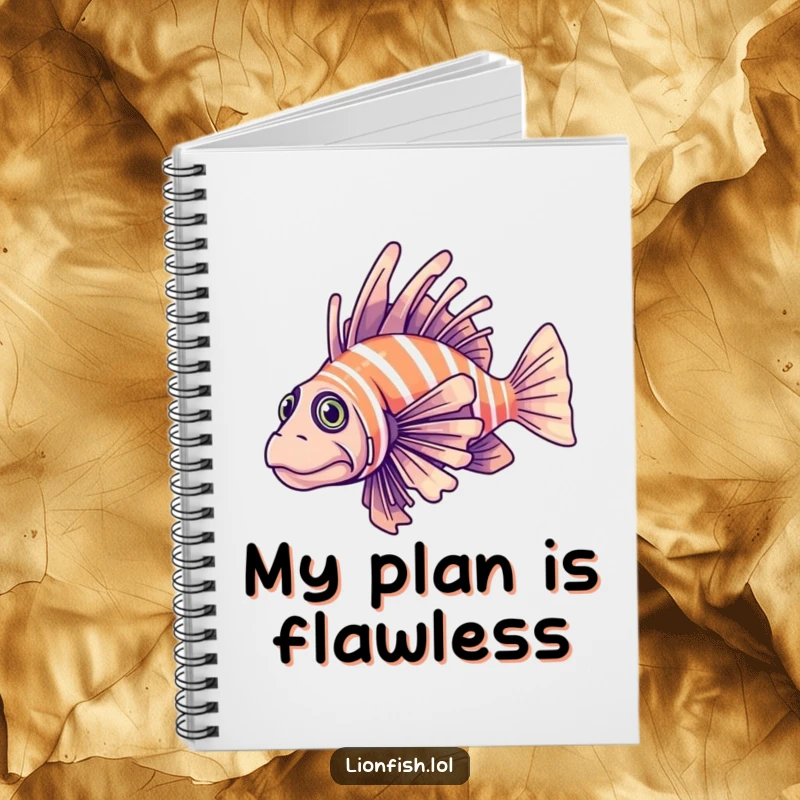 Funny determined lionfish notebook with a fish elegantly gliding through clear blue water, perfect for jotting down goals.