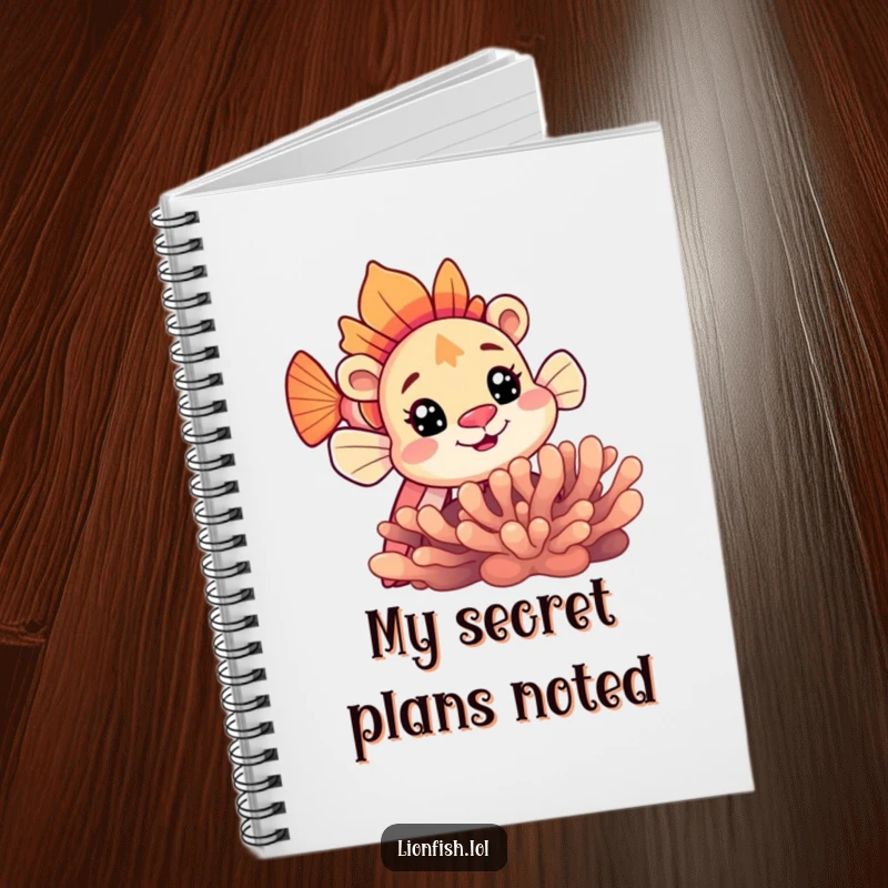 Funny lionfish notebook cover featuring a curious lionfish peeking from behind coral, perfect for jotting down secrets.