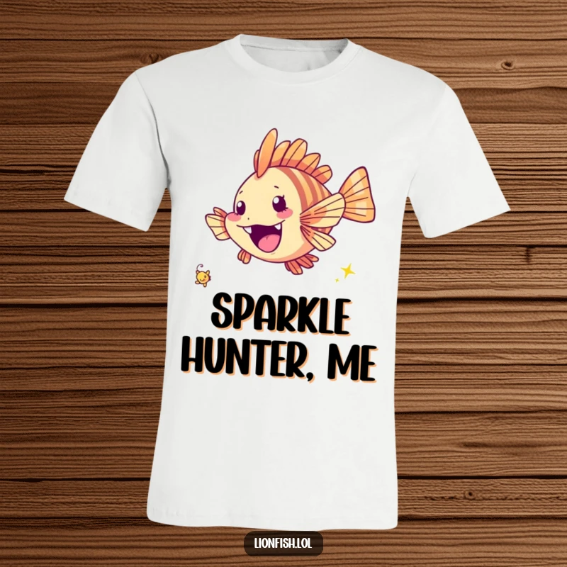 Funny cheerful lionfish t-shirt showing a fish excitedly chasing a tiny twinkling speck, capturing pure underwater delight and fun.