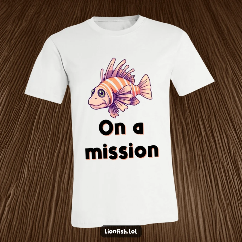 Funny determined lionfish t-shirt showing a fish elegantly gliding through clear blue water, embodying smooth movement and focus.
