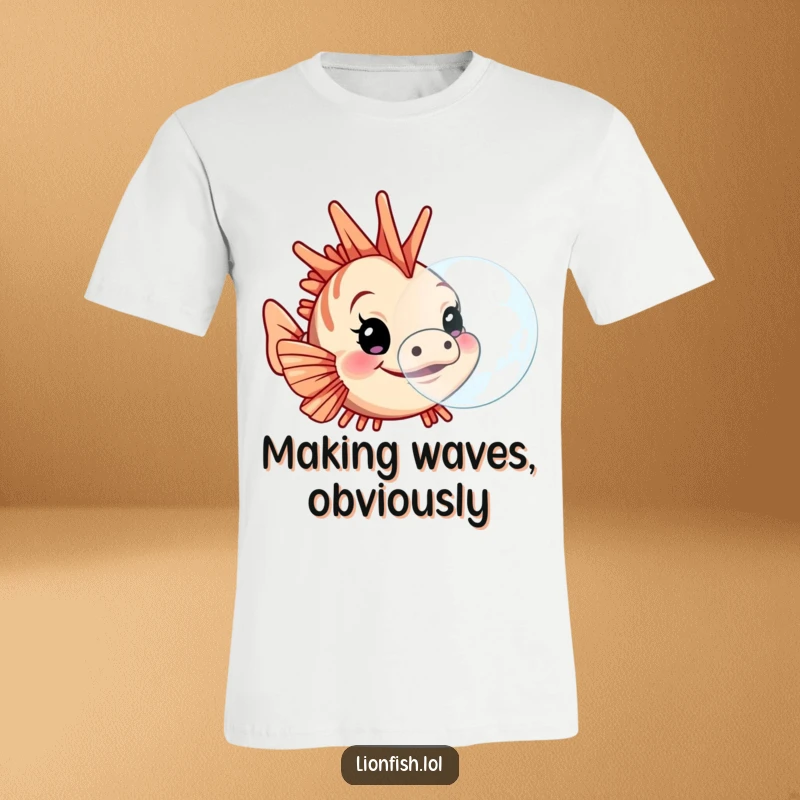 Funny lionfish t-shirt, depicted determinedly blowing a large bubble, offering a humorous and eye-catching design for casual wear.