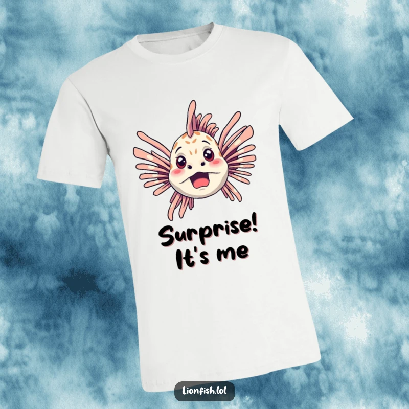 Funny lionfish t-shirt featuring a startled lionfish with its characteristic fins spread wide in a moment of playful shock.