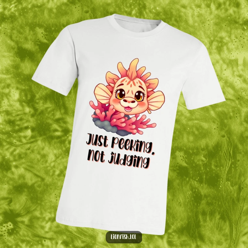 Funny curious lionfish t-shirt, shown peeking with wide eyes from behind colorful coral, a humorous and charming design for everyday wear.
