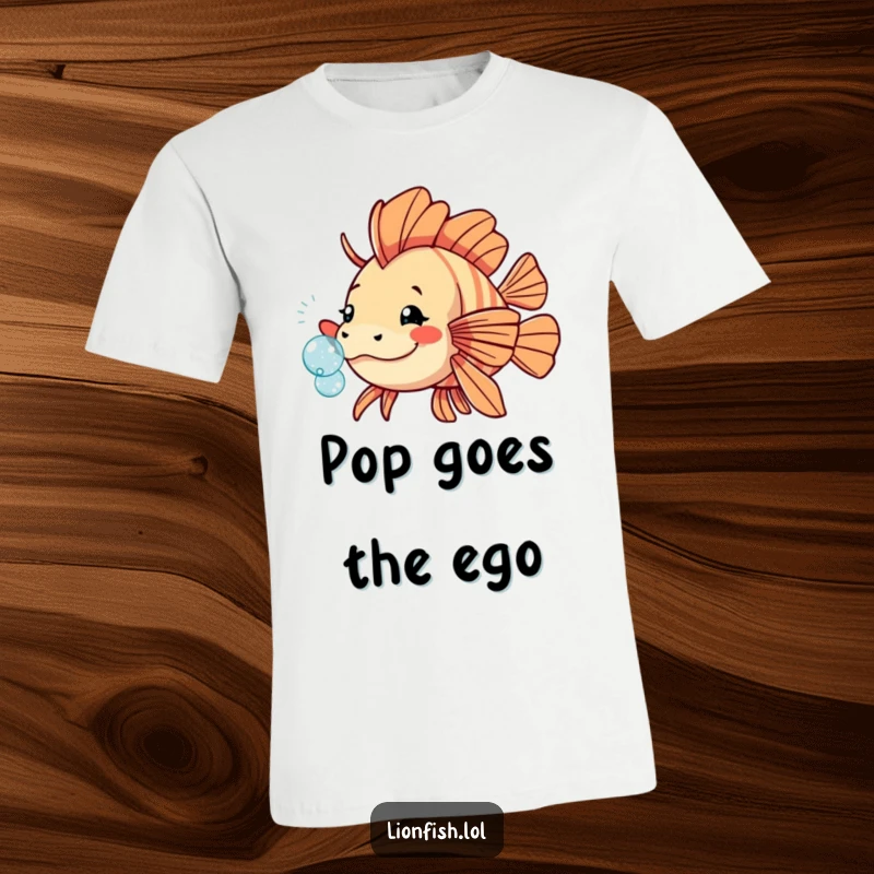 Funny playful lionfish t-shirt showing a fish nudging a sparkling bubble, capturing a moment of underwater mischief and delight.