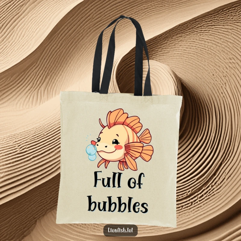 Funny playful lionfish tote bag, with a fish nudging a sparkling bubble, ideal for carrying essentials with a touch of whimsy.