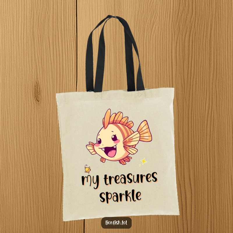 Funny cheerful lionfish tote bag, with a fish excitedly chasing a tiny twinkling speck, ideal for carrying items with zest.