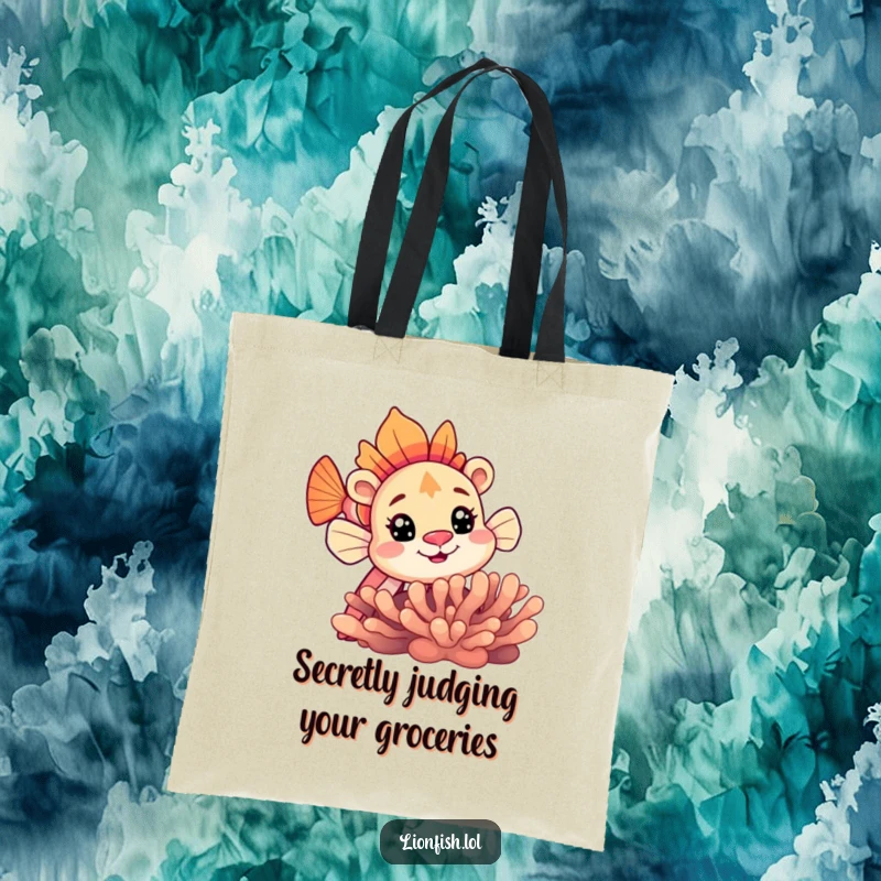 Funny lionfish tote bag featuring a curious lionfish peeking out from behind a vibrant and detailed coral reef.