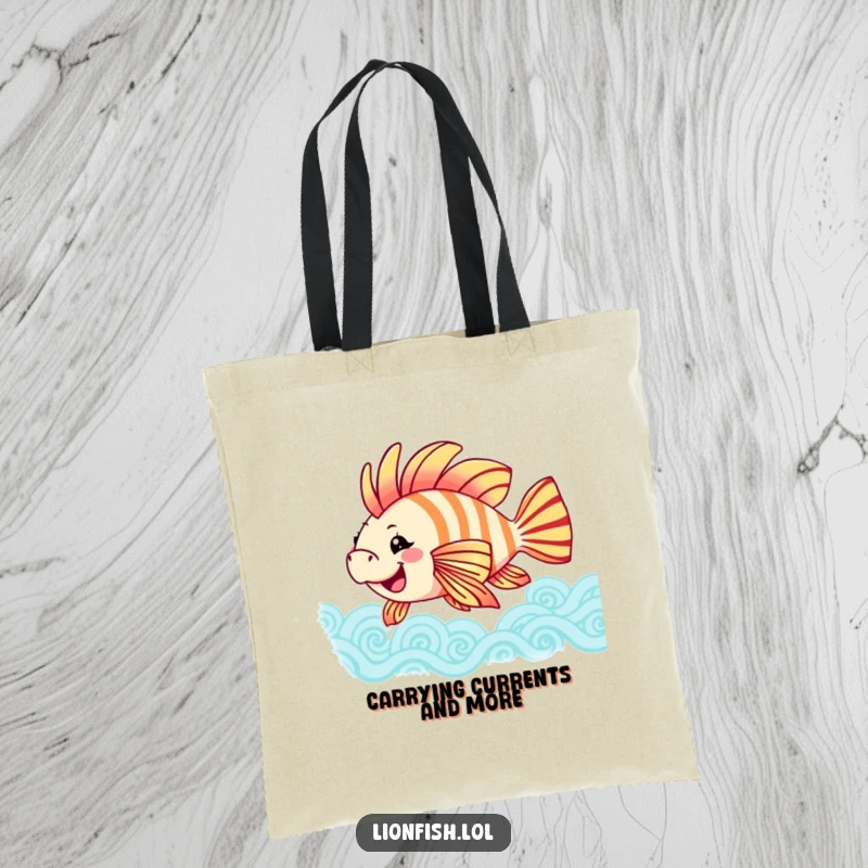 Funny joyful lionfish tote bag with fins swaying in patterned waves, perfect for carrying essentials with a touch of underwater happiness.