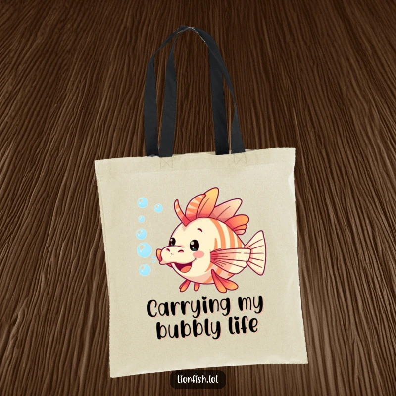 Funny lionfish tote bag depicting a joyful lionfish enthusiastically blowing a stream of bubbles underwater.