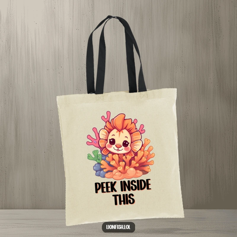 Funny curious lionfish tote bag, with a fish peeking from behind coral, ideal for carrying items with a sense of discovery.